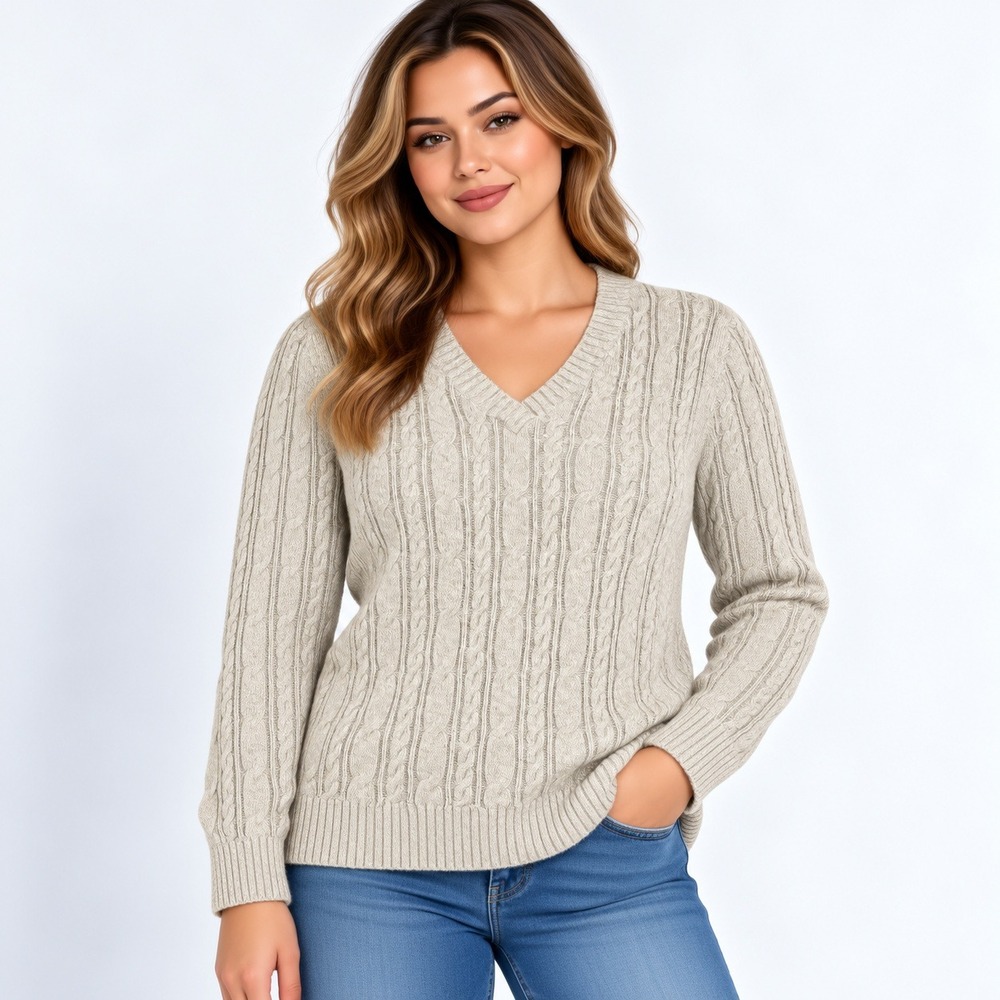 Croft & Barrow Sweater Womens XL Oatmeal Beige Cotton Cable Knit V-Neck Pullover